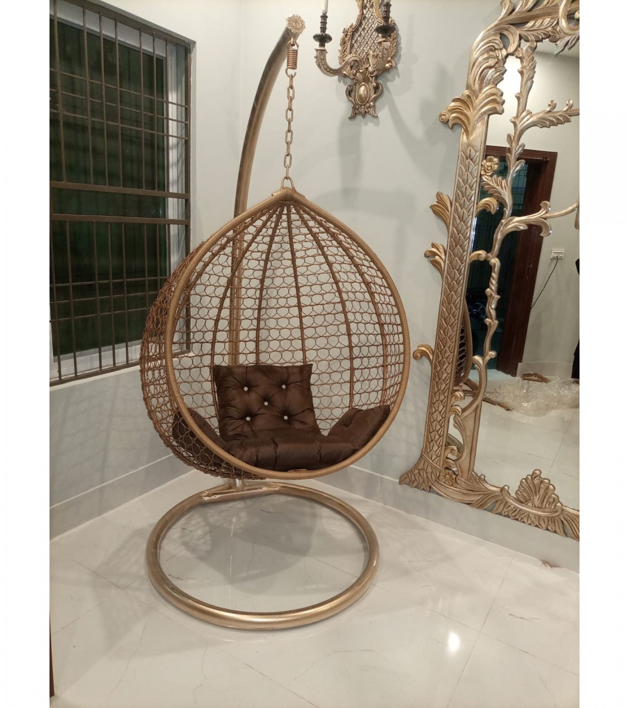 Egg Shape Hanging Golden Ring Net Swing Chair - Jhoola with Stand & Cushion For Adult