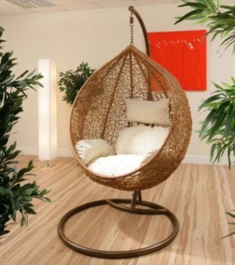 Egg Shape Hanging Golden Scrambled Net Swing Chair - Jhoola with Stand & Cushion For Adult