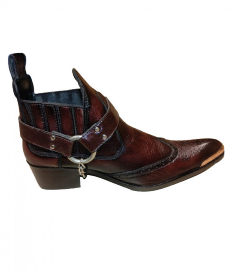 Night Brown leather western cowboy boot with side metal chain and metal strip at front sharp curve