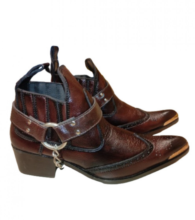 Night Brown leather western cowboy boot with side metal chain and metal strip at front sharp curve