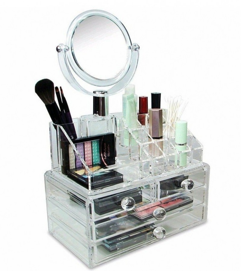 Transparent Luxury Storage Cosmetic Make Up Organizer Two Sided Mirror