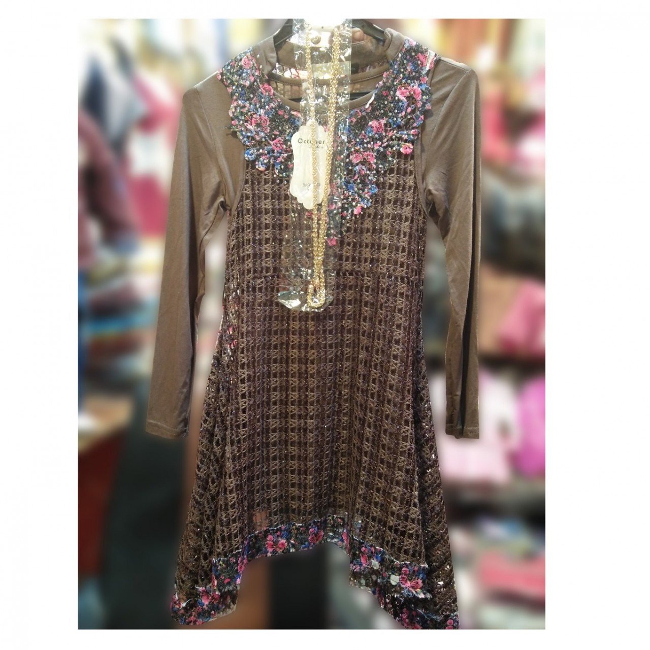 Elegant Long Top With Golden Necklace For Girls - 5 To 13 Years