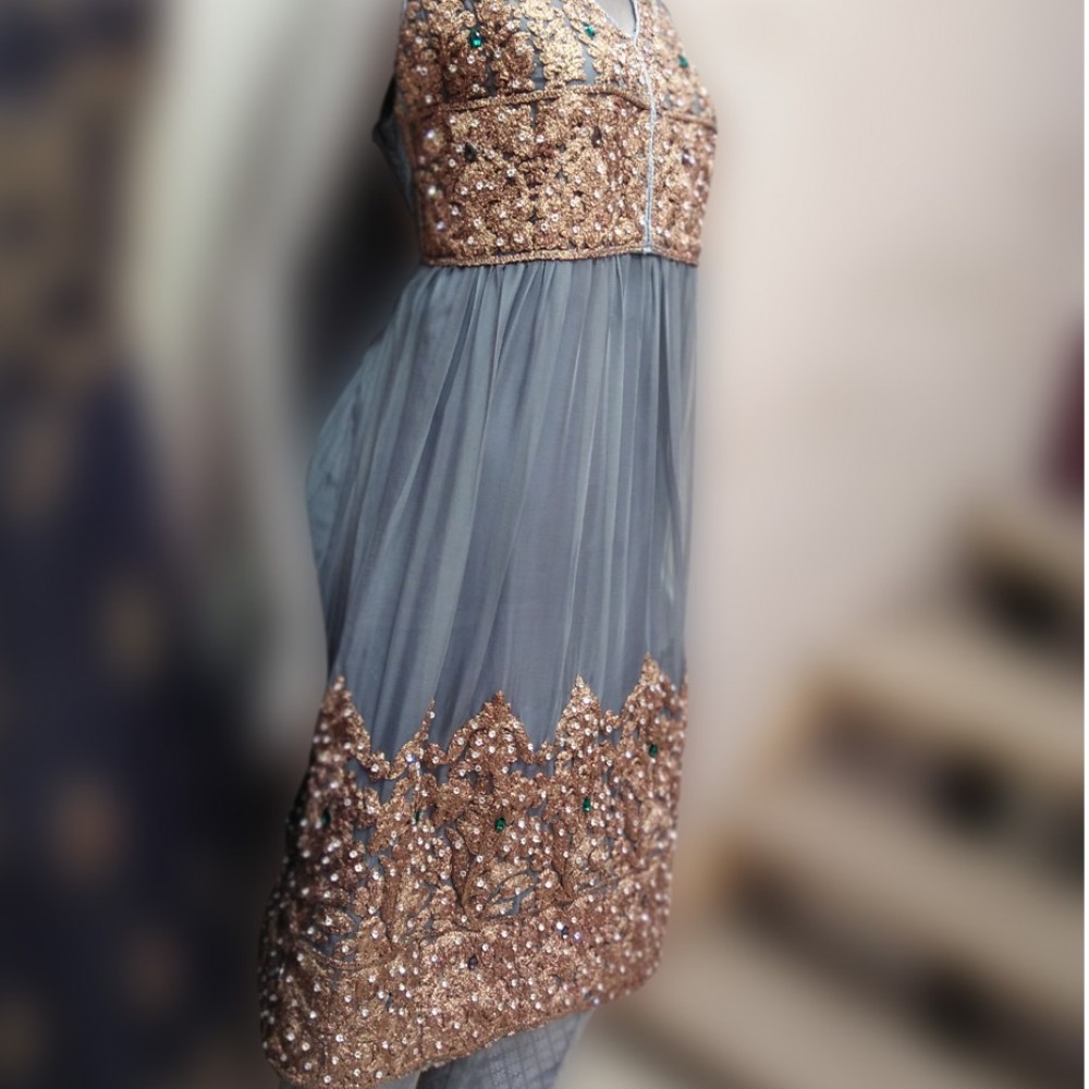 Fancy Sleeveless Body Design Lehenga For Girls - Grey - Medium/Large