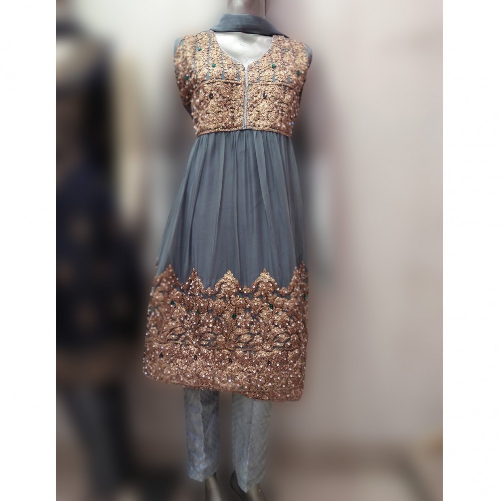 Fancy Sleeveless Body Design Lehenga For Girls - Grey - Medium/Large