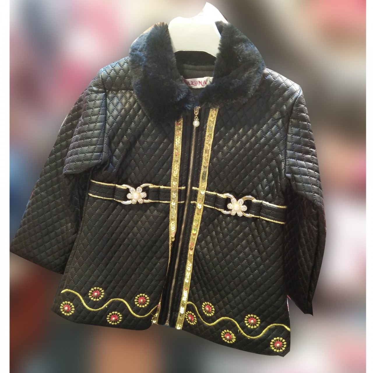 Golden Stripe Leather Jacket For Girls - 2 To 5 Years