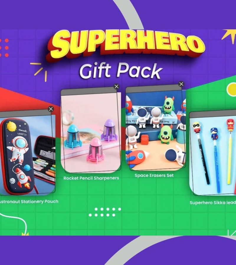 Birthday Party Presents Astro Pouch, Sharpener, Miniature Eraser With Superhero Fancy Pencil