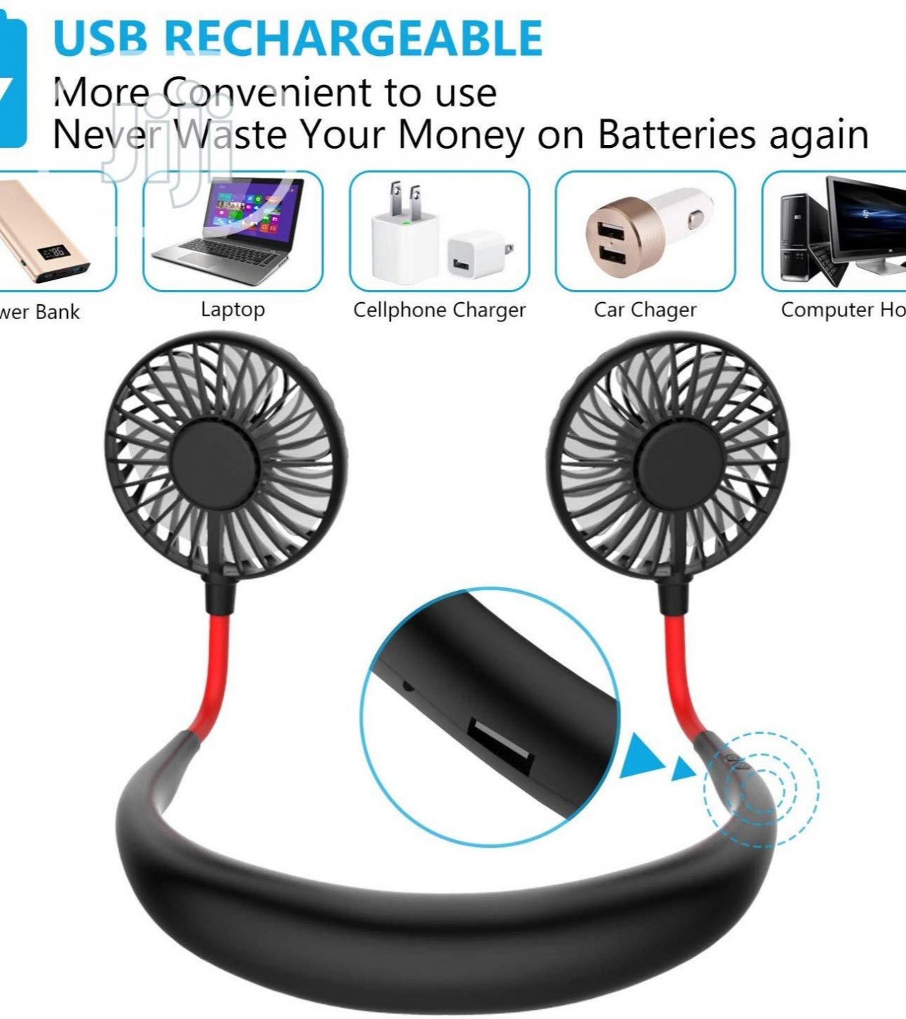 7 Blade Neck band Portable Wearable Mini Sport Fan USB Rechargeable