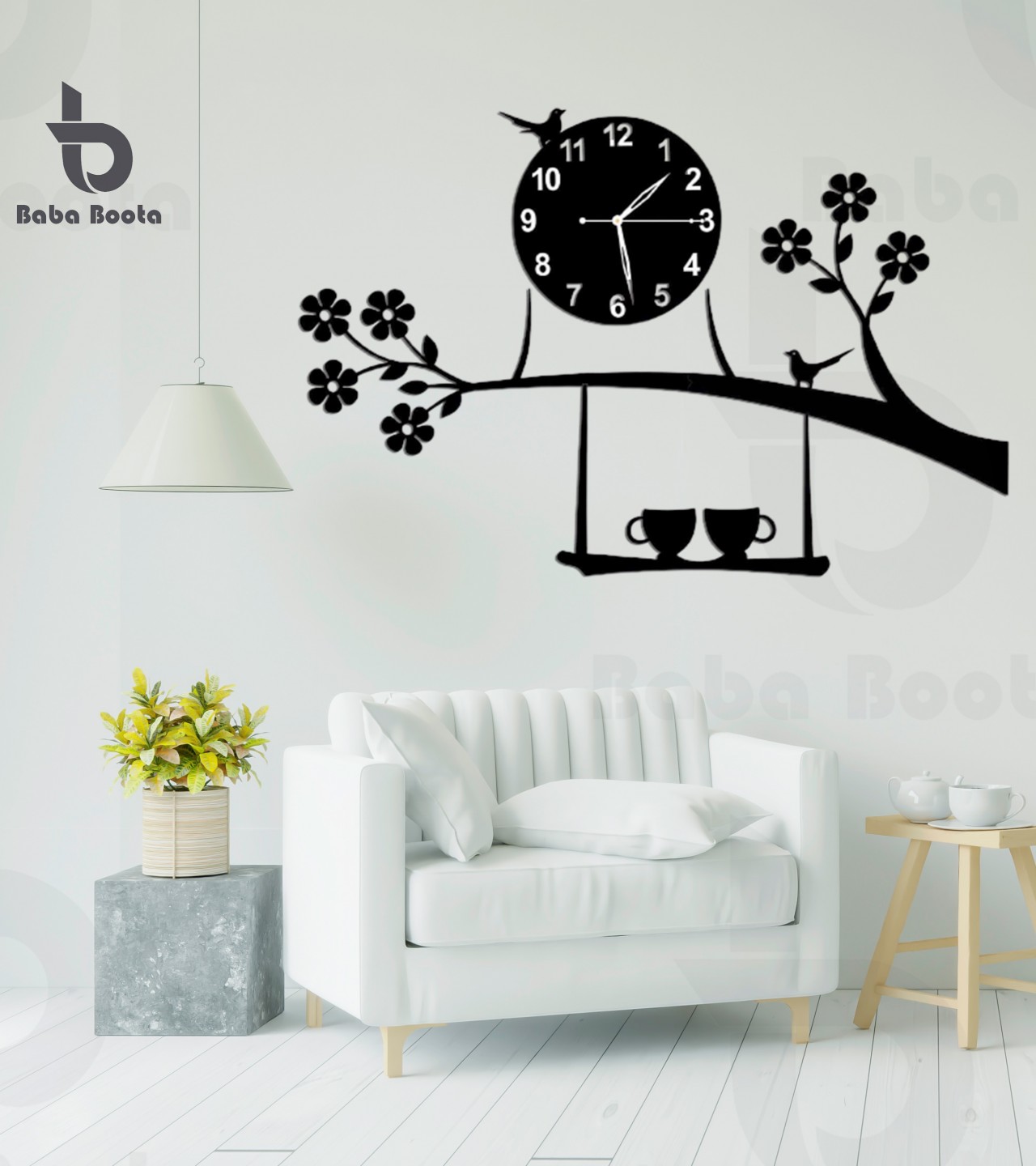 BIRD ON TREE WITH COFFEE CUP WOODEN WALL CLOCK FOR HOME AND OFFICES