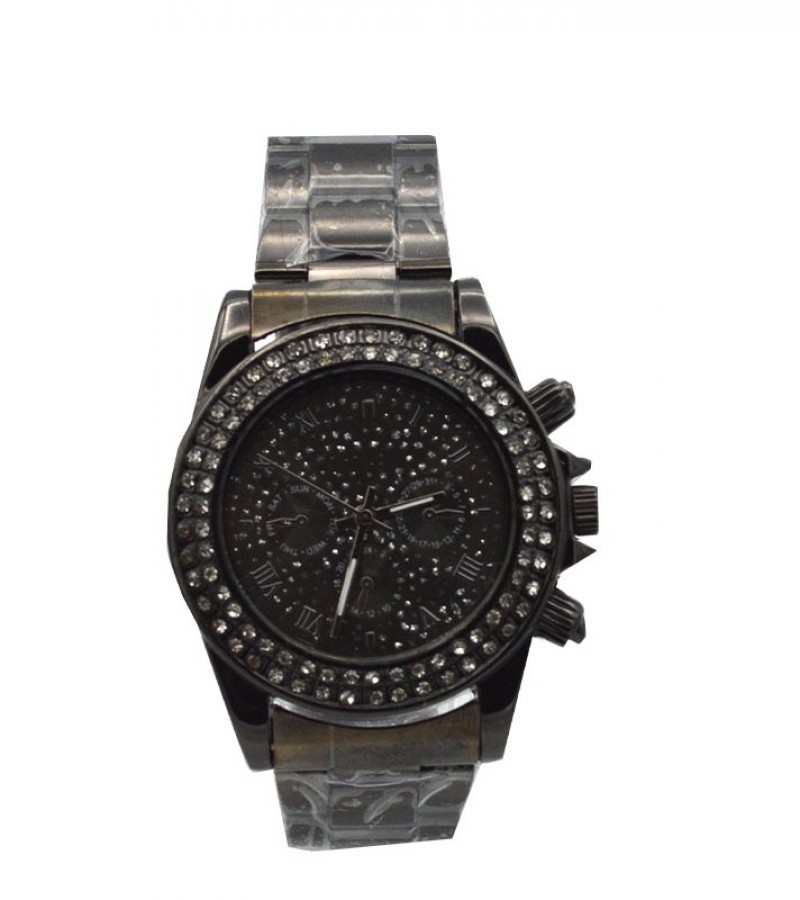 Black Dial With Stones Watch For Men