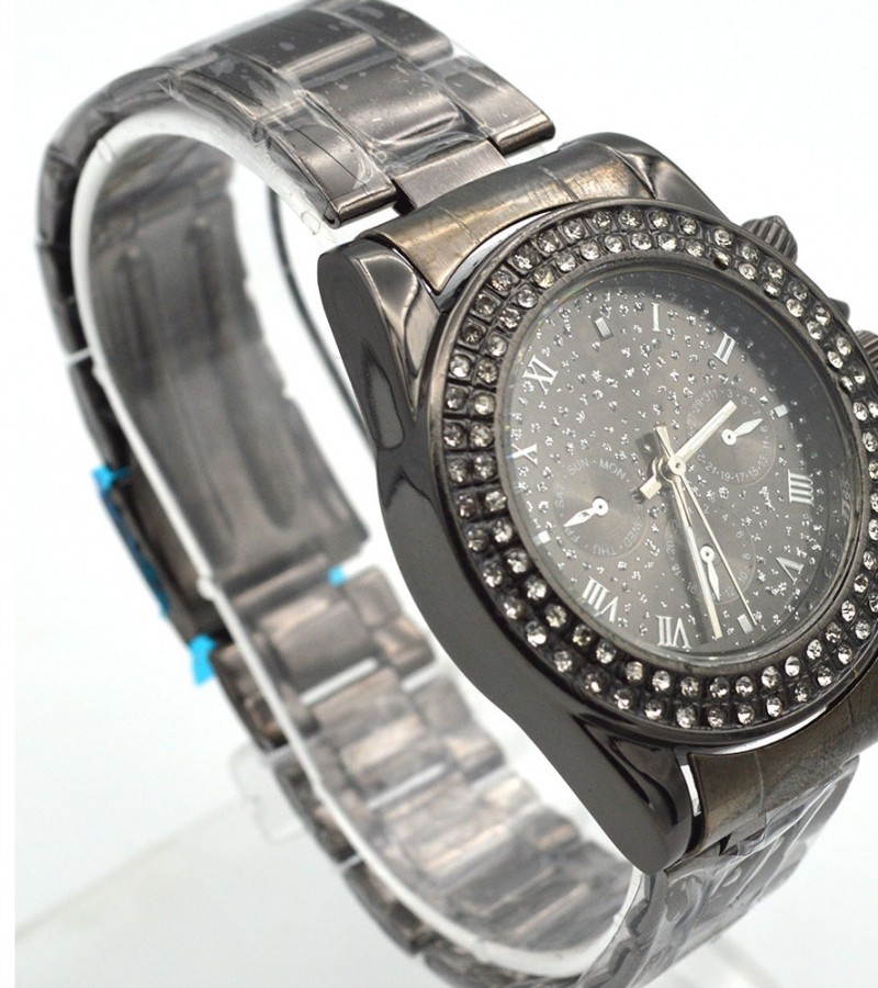 Black Dial With Stones Watch For Men