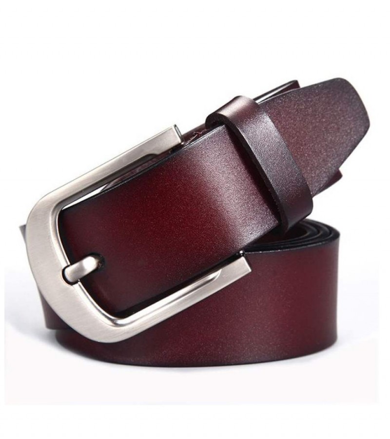 Brown Plain Leather Dressing Belt - Silver Buckle