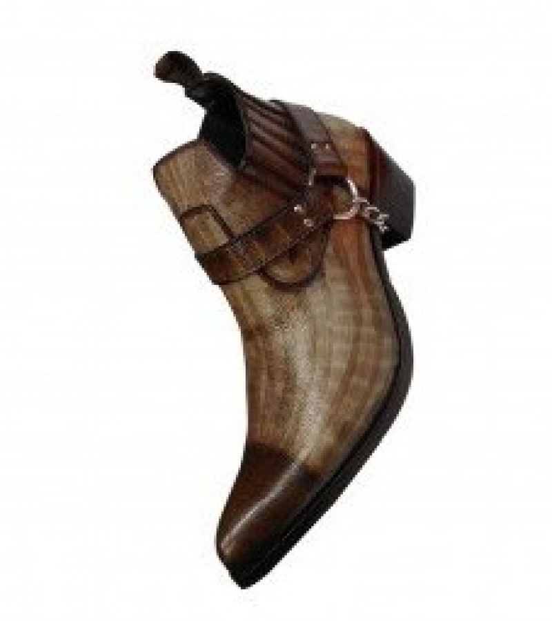 Brown Leather Amazing Western Cowboy Boots With Metal Chain For Men - 7 To 12