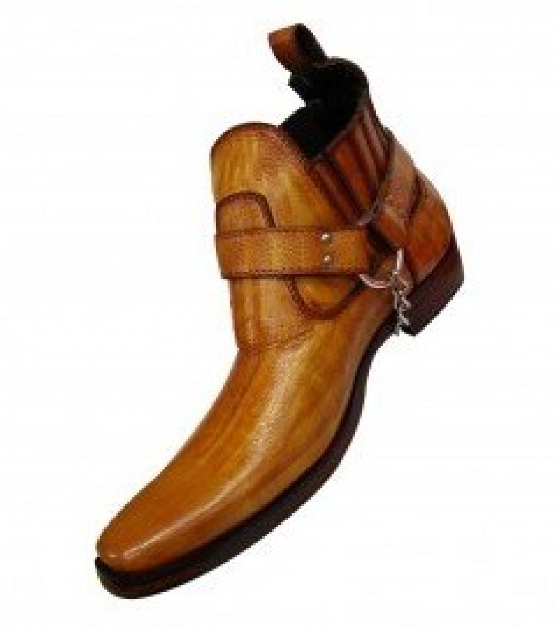 Brown Leather Western Cowboy Boots With Metal Chain For Men - 7 To 12