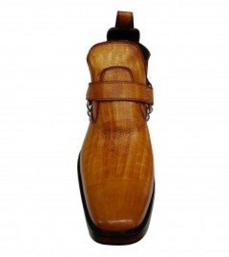 Brown Leather Western Cowboy Boots With Metal Chain For Men - 7 To 12