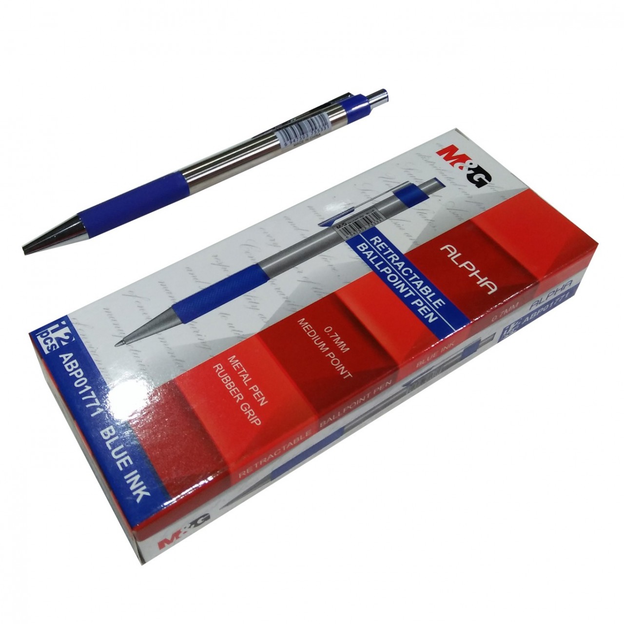 M&G Alpha Retractable Blue Ball Point - 12 Piece - 0.7mm