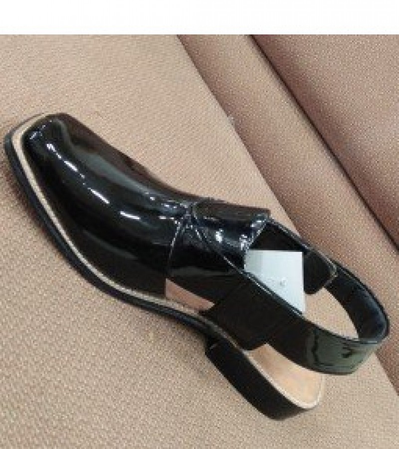 MilliShoes All Leather Black Shine Peshawari Chappal For Men -6 to 11