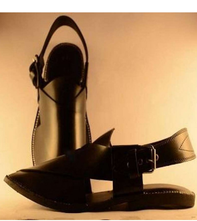 Shiny Black Pure Leather Peshawari Chappal