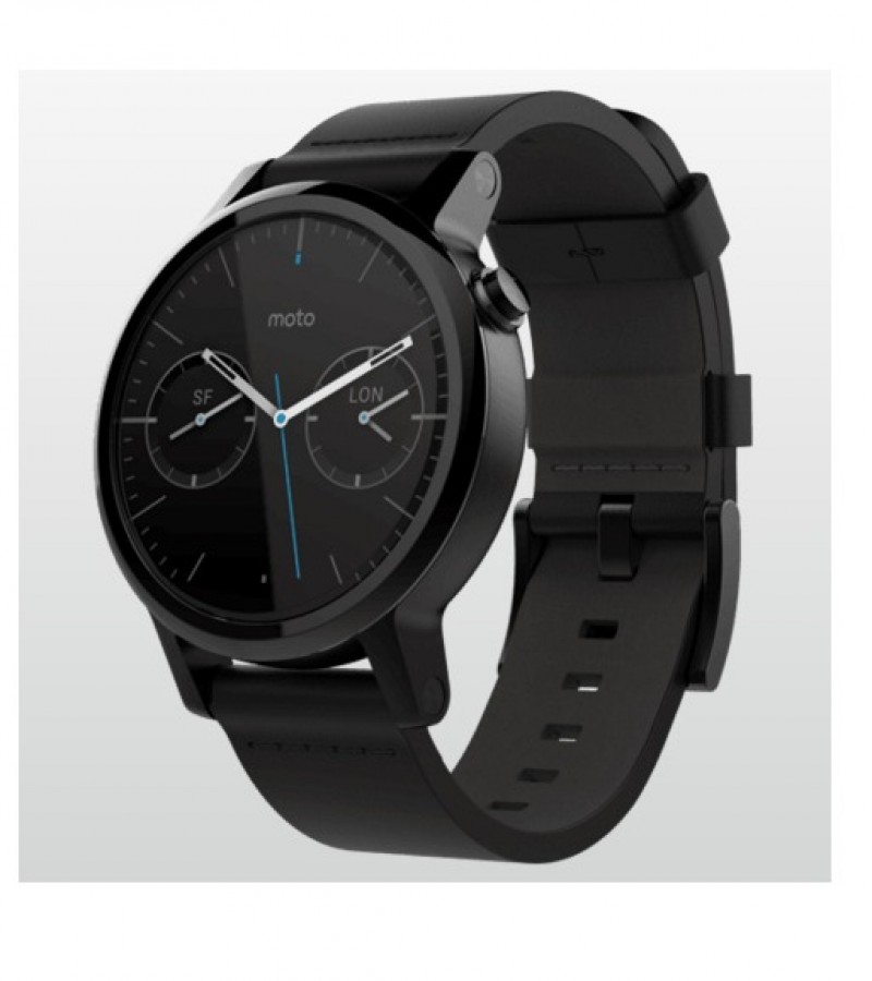 Motorola Moto 360 42mm (2nd gen) Men Black Case Black Chamfer Bezel Black Leather Band SmartWatch