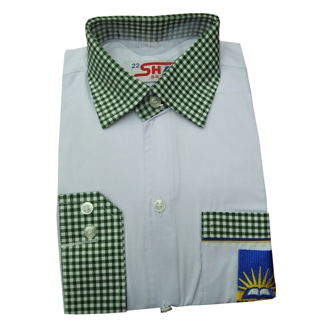 Dar-e-Arqam School Uniform White Shirt With Green Check Collar & Cuffs For Boys