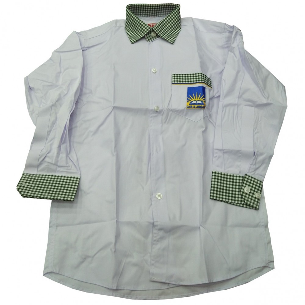 Dar-e-Arqam School Uniform White Shirt With Green Check Collar & Cuffs For Boys