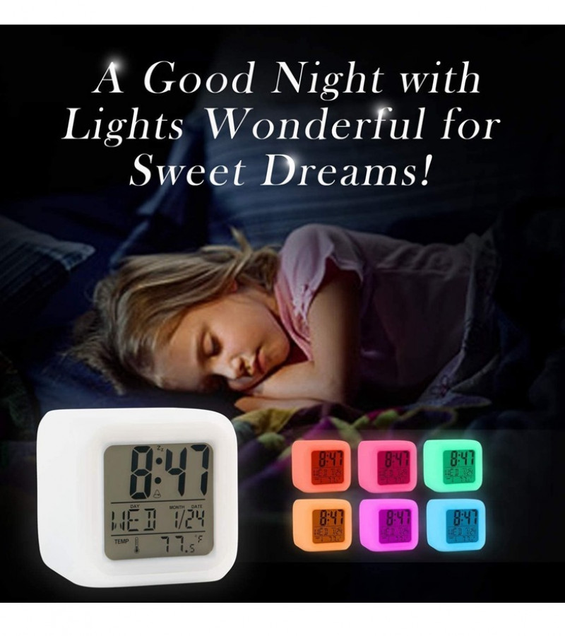 Digital Table Clock - Alarm Clock 7 Light Color Changing Big Size Digital Clock - Battery Operated Table Clock - with Led Light Table Clock Digital