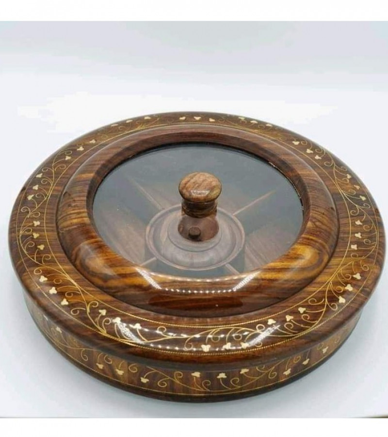 Dry Fruit Bowl - Wooden Dry Fruit Bowl with Brass Hand Work - Wooden Dry Fruit Box Round - Wooden Bowl
