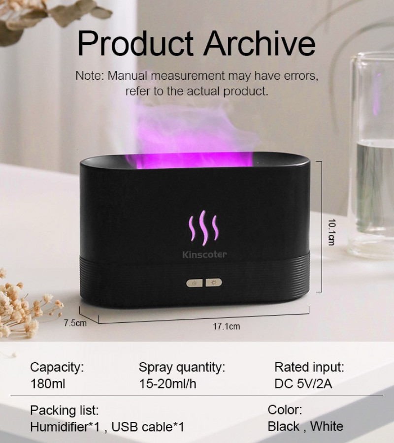 Kinscoter Ultrasonic Aroma Diffuser & Air Humidifier – Essential Oil Cool Mist Maker with LED Flame Effect, USB Powered, Quiet Operation