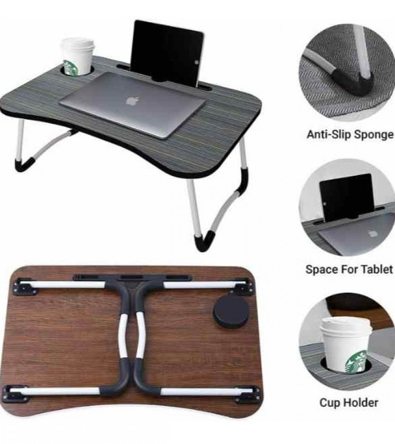Laptop Table - Wooden Gaming Laptop Table for Bed - Wooden Study Table with Inbuild Tablet & Cup Holder Slot, Foldable Stand Ergonomic Portable Design