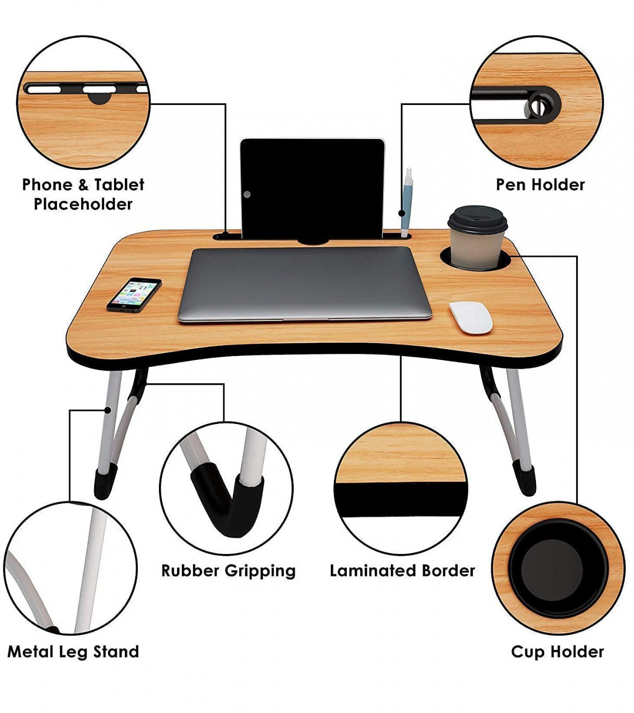 Laptop Table - Wooden Gaming Laptop Table for Bed - Wooden Study Table with Inbuild Tablet & Cup Holder Slot, Foldable Stand Ergonomic Portable Design