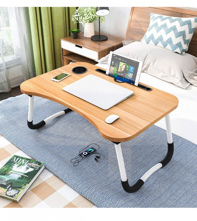 Laptop Table - Wooden Gaming Laptop Table for Bed - Wooden Study Table with Inbuild Tablet & Cup Holder Slot, Foldable Stand Ergonomic Portable Design