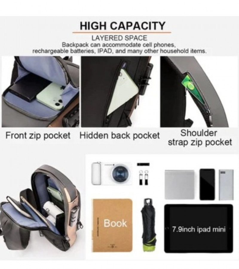 Sling Bag Pack with Lock - Waterproof Anti-Theft Chest Bag with USB Charging Port Shoulder Bag - MultiFunctional Chest Bag - Crossbody Unisex Bag
