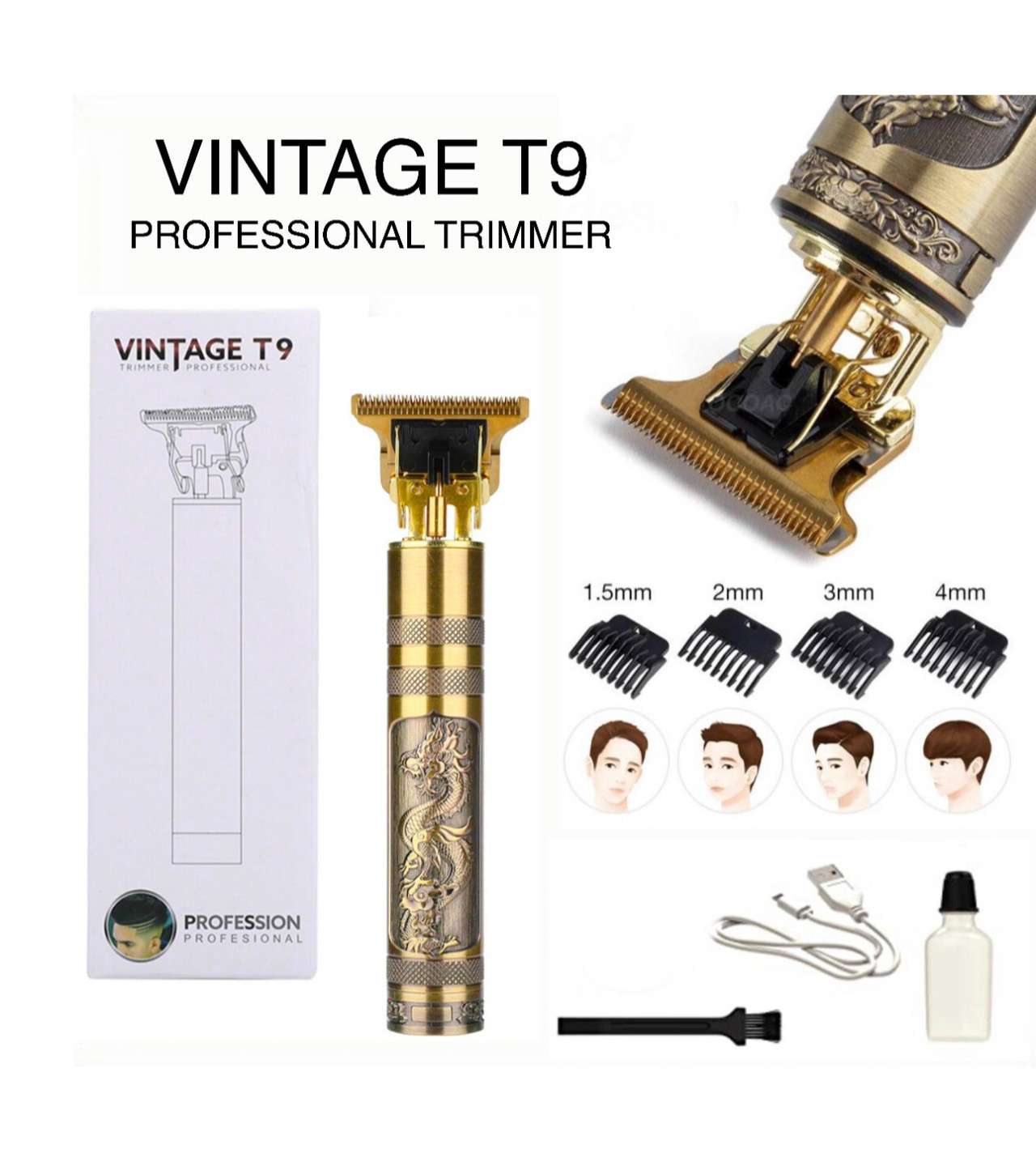 T9 Trimmer - Vintage T9 Gold Hair Trimmer - Metal Body Dragon Shape T9 Hair Trimmer - Rechargeable Beard & Hair Trimmer for Men