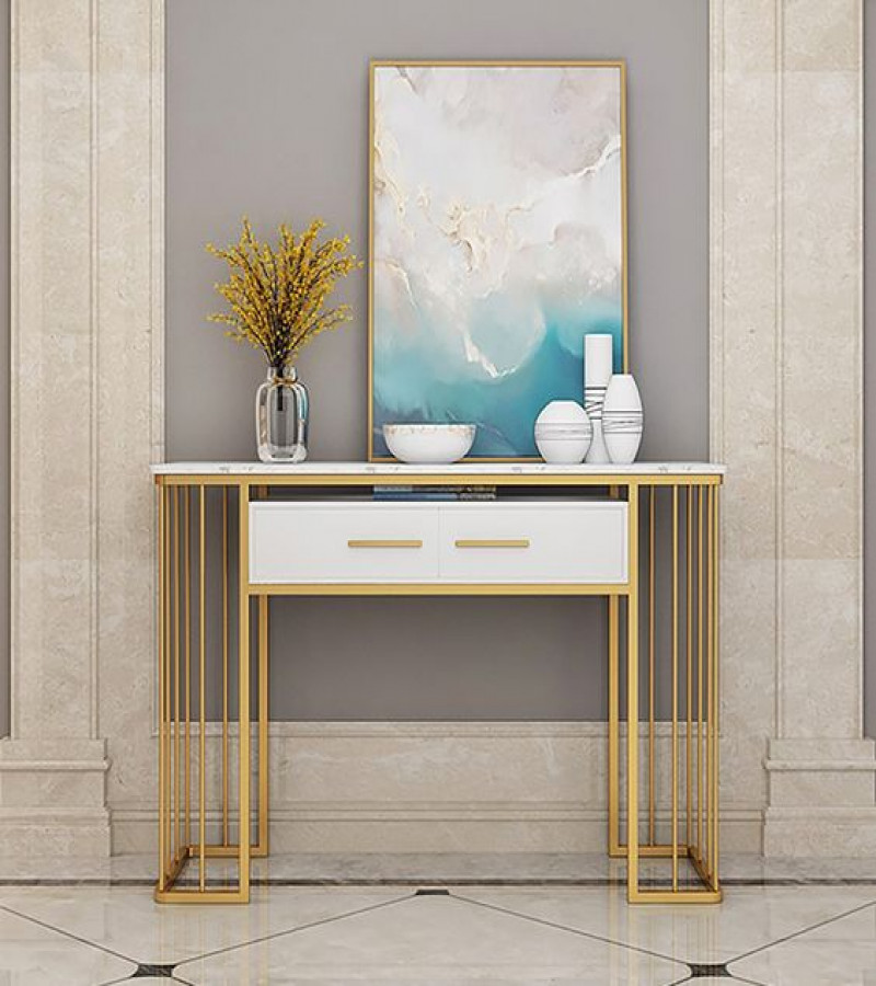 White Modern Console Table with Storage Box Marble effect Top & Metal Gold Finishing Frame