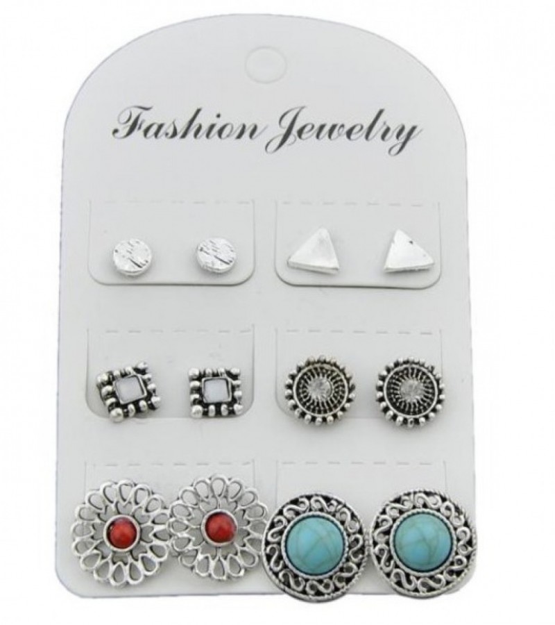 6 pairs/set Silver Color Earrings Set Stud Earrings