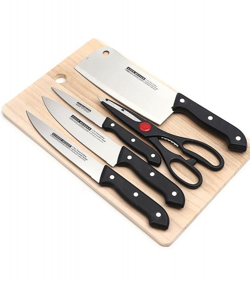6pcs - Steel Blade Knife Set With Cutting Board