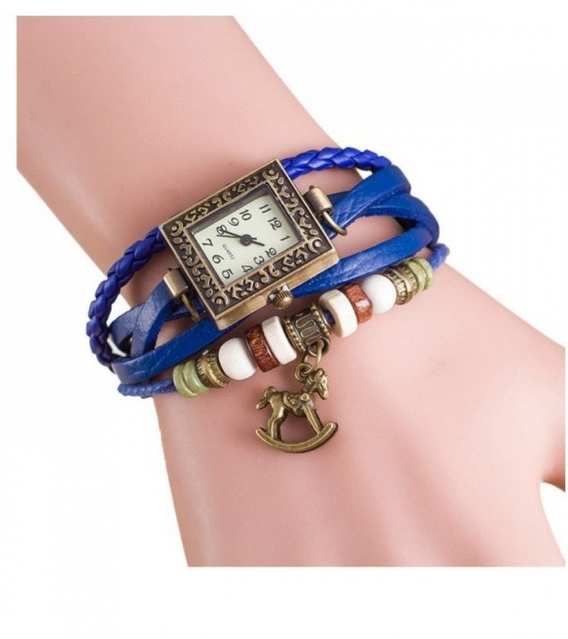 Bracelets Female Quartz Leather Weave Trojans Bracelet Watches - Blue