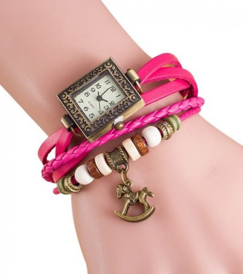 Bracelets Female Quartz Leather Weave Trojans Bracelet Watches - Pink