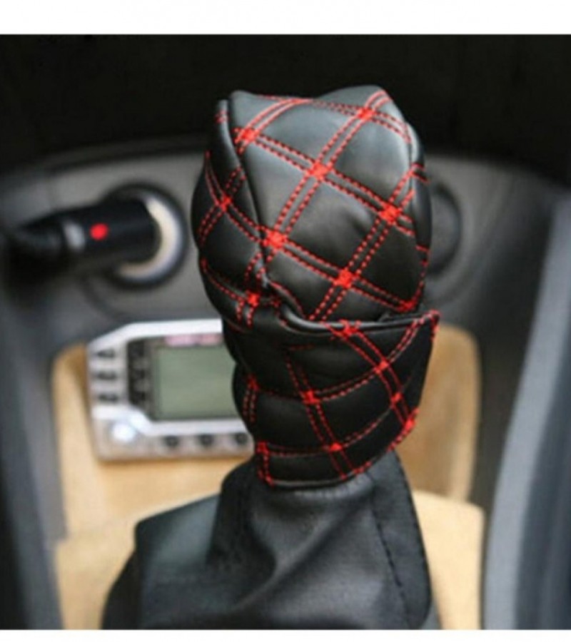 Faux Leather Hand Brake Shift Knob Cover Gear Case Car Interior Decor - Red
