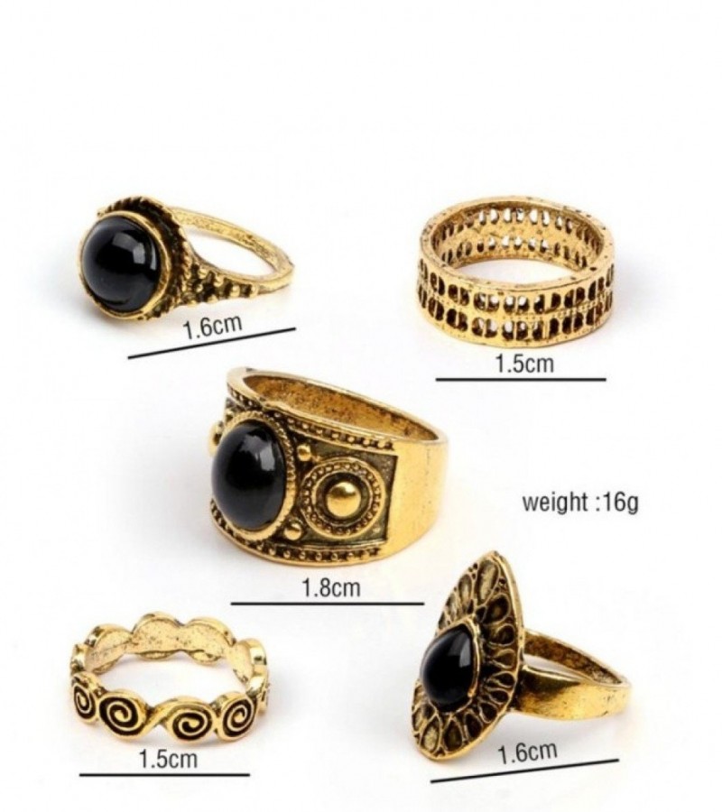 Retro Black Gem Ring Water Droplets Clouds Circle Rings - Gold