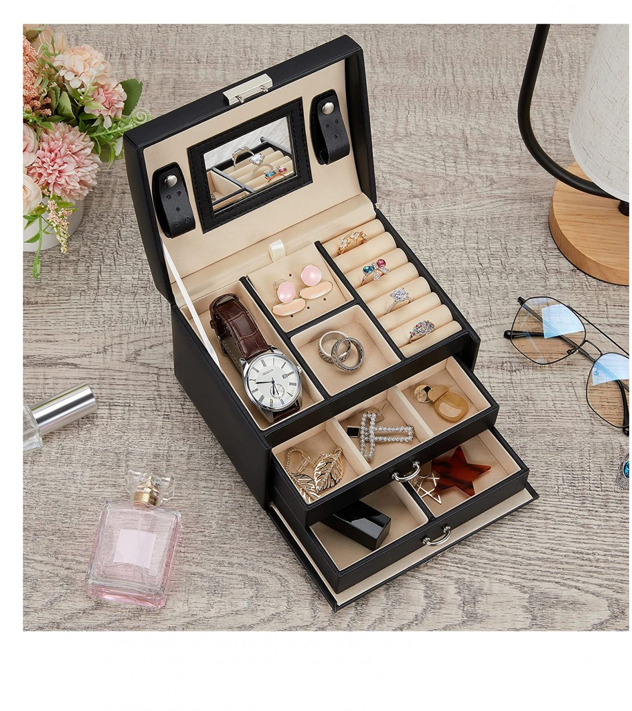 3 Layer Pu Leather Organizer Box With Mirror And Lock Drawer Type Used To Store Jewelry Storage