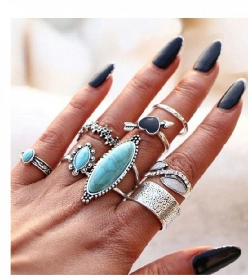 8 Pcs Bohemian Midi Finger Ring Set for Women Retro Big Silver Color