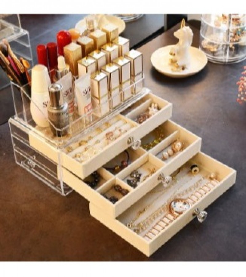 Acrylic Jewelry Box 3 Drawers Organizer Velvet Storage Organizer- Beige