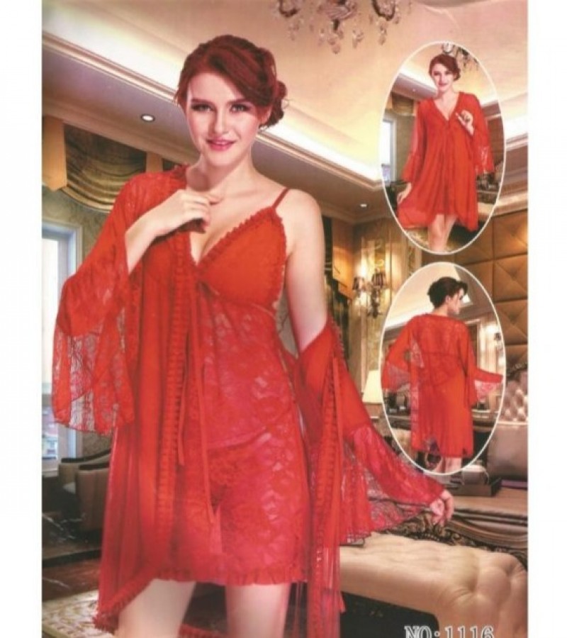 Beautiful Long Red Net Nighty For Girls (WU1546)