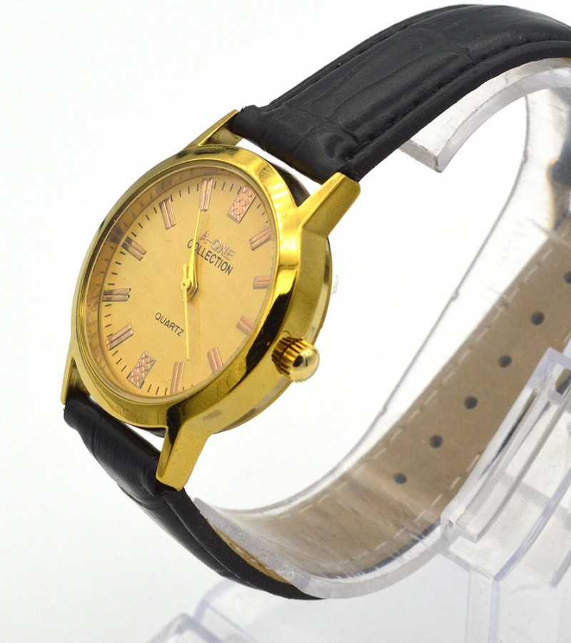 Black Strap & Golden Dial Watch For Men