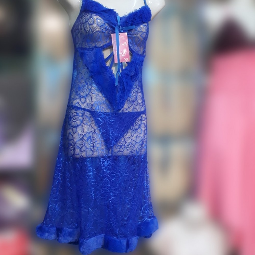 Blue Net Long Nighty & G-String Pantie for Women - Blue
