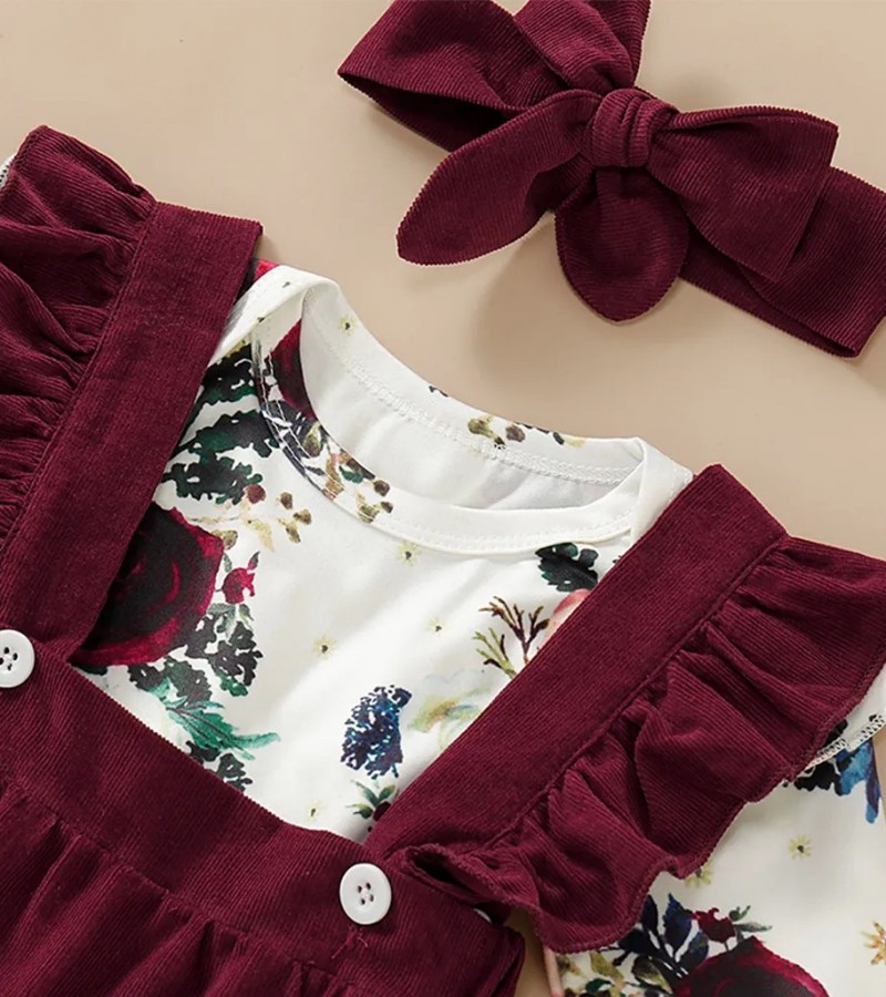 Branded 3pcs Floral Print Ruffle Decor Long Sleeve Baby Set
