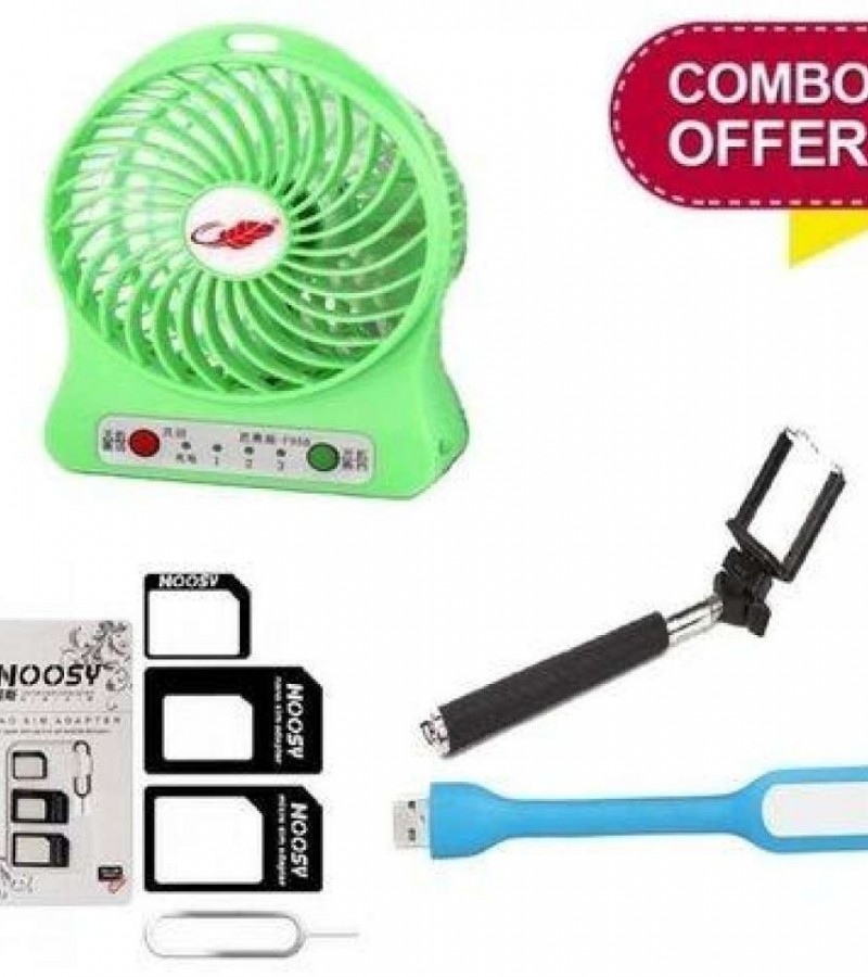 Combo of USB Fan + USB Light + Multi Sim Adapter + Selfie Stick