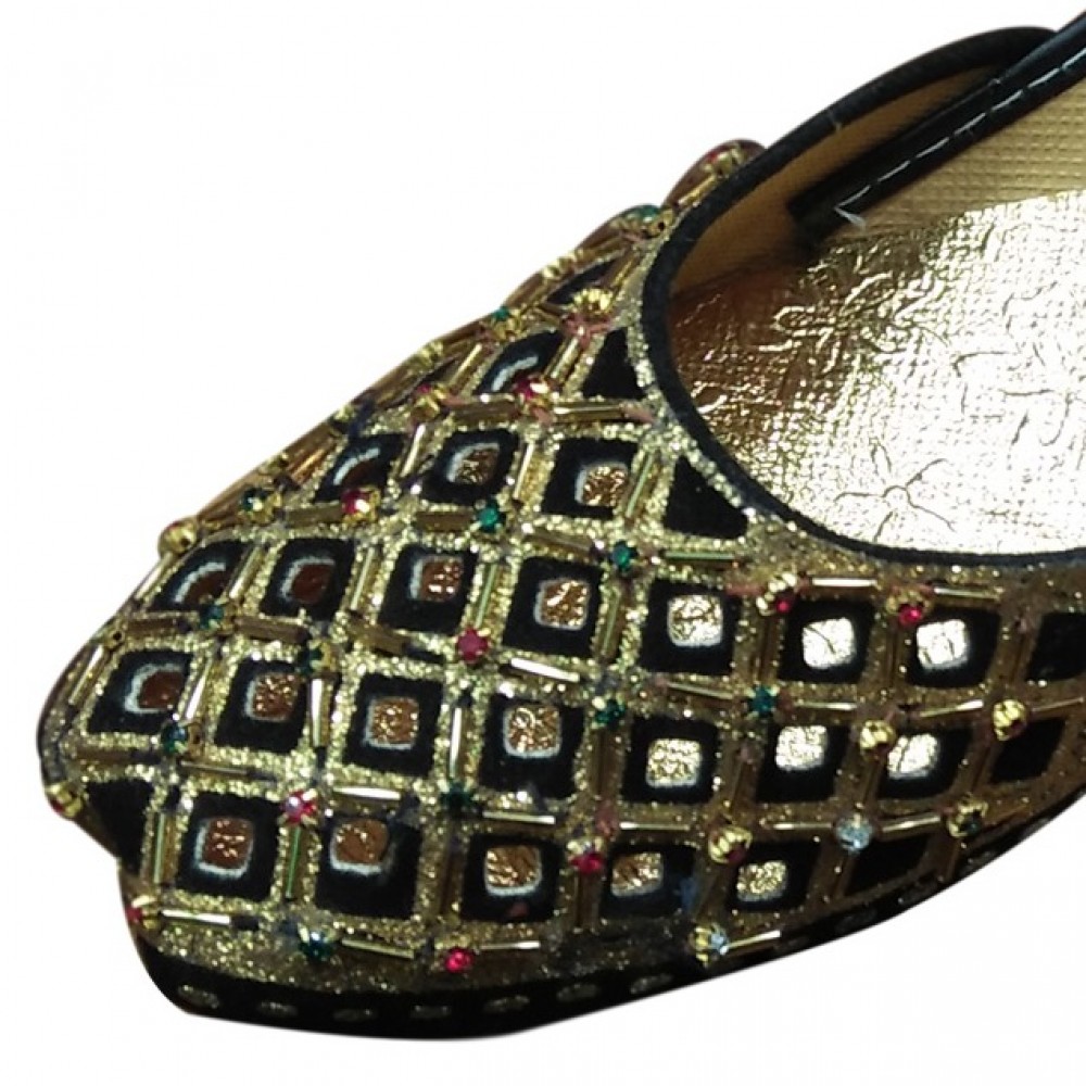 Fancy & Traditional Broach Khussa Shoes For Women - Black & Golden -  8 To 11