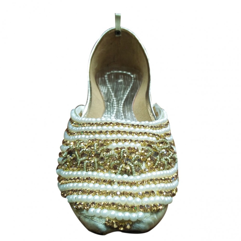 Fancy & Traditional Broach Khussa Shoes With Beautiful Pearls For Women - White & Golden - 6