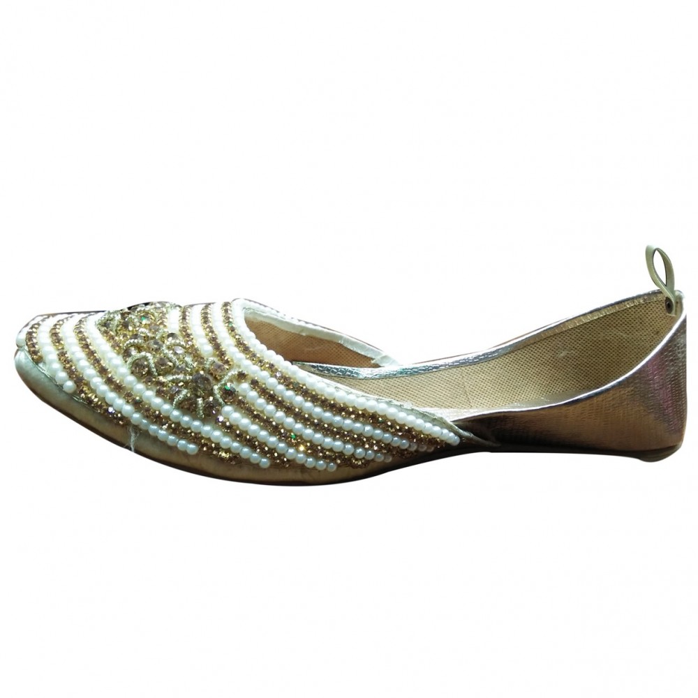 Fancy & Traditional Broach Khussa Shoes With Beautiful Pearls For Women - White & Golden - 6
